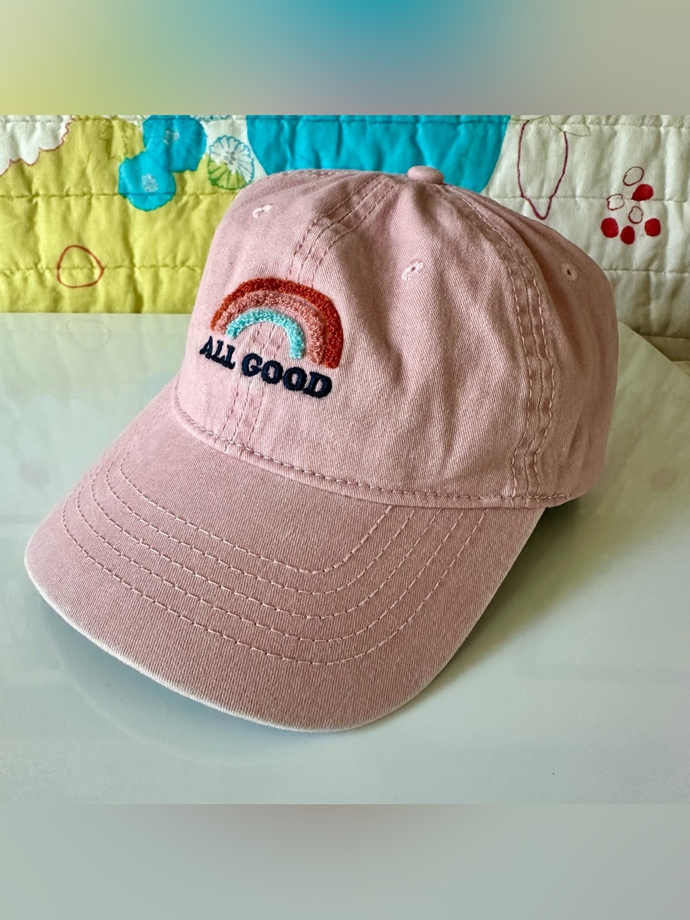 “all good” pink cotton cap w rainbow